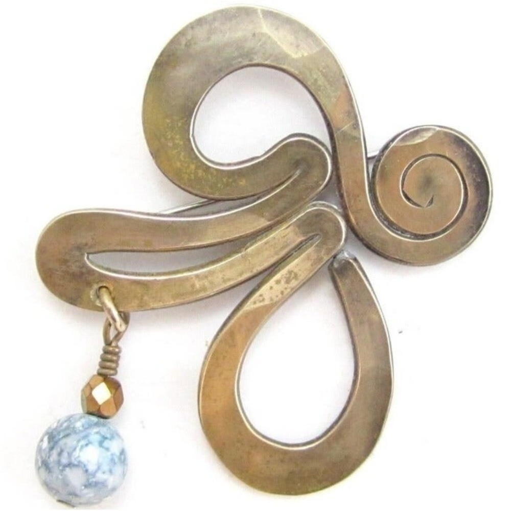 Vintage‎ Unique Artisan made Bronze tone Stylized Blue Dangle Bead Brooch